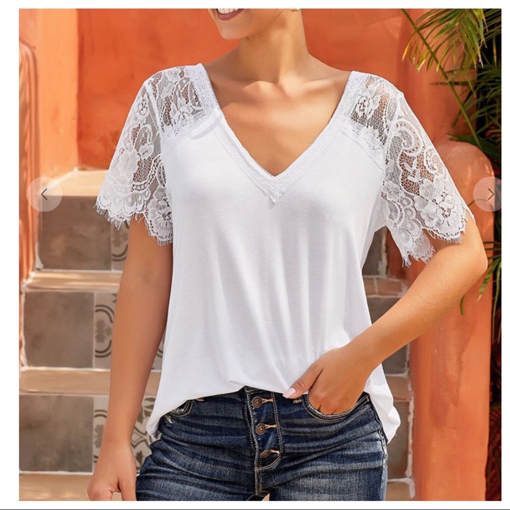 White sweet side Lace deep V neck top - Picture 2 of 5